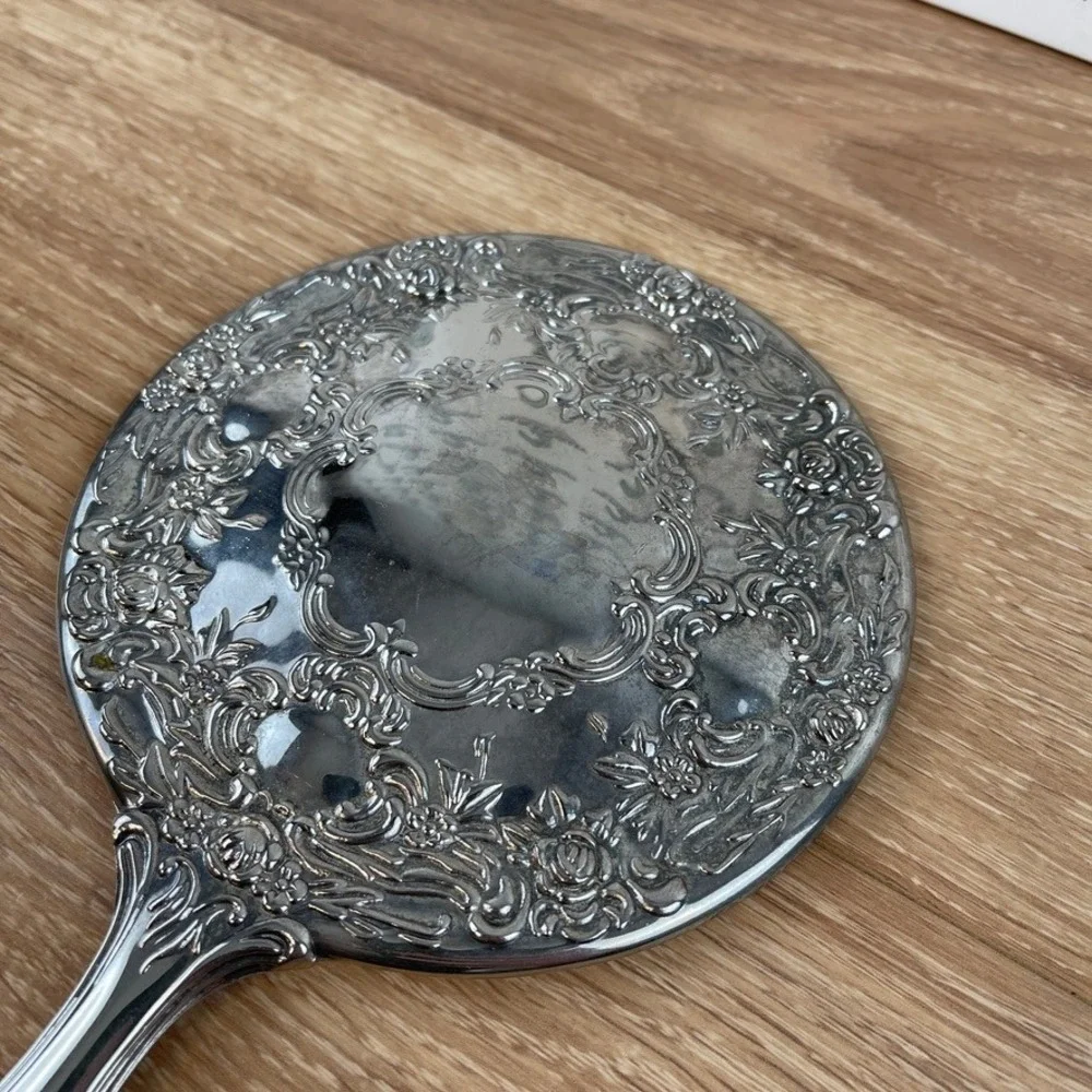 Vintage Silver Tone Embossed Floral Hand Mirror and Hair Brush Vanity Set 2pc